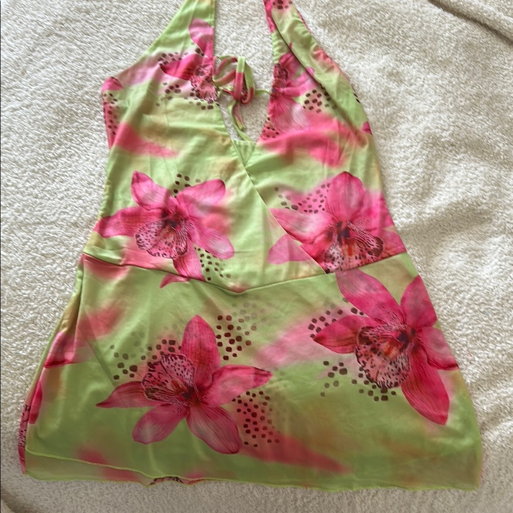 SHEIN Floral Halter Dress - Pink and Green